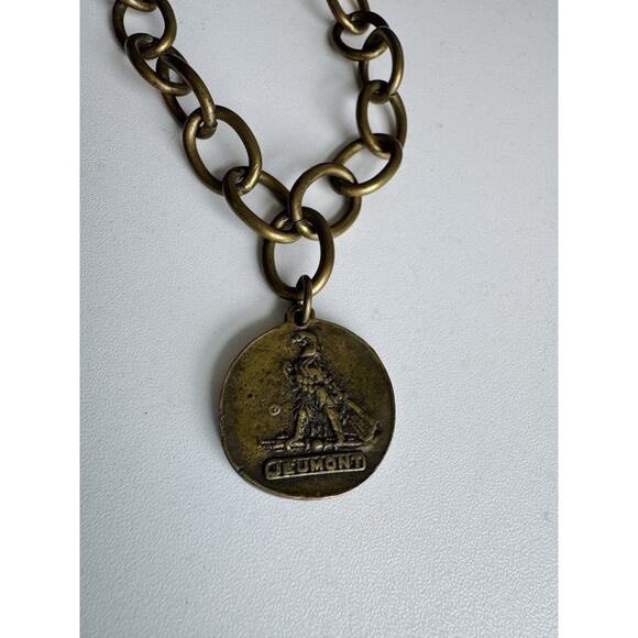 French Kande Brassy Metal Chain Good Luck French JEUMONT Gods Coin Pendant 16" - Picture 4 of 10